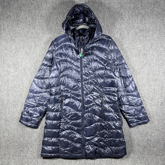 NWT ANDREW MARC Navy Blue Packable Goose Down Long Puffer Coat Womens XL #1247 - Picture 1 of 12